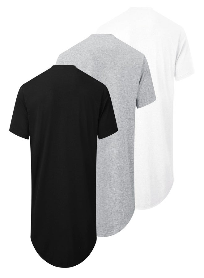 TEZO Mens 3 Pack Plain Cotton Shirts Short Sleeve Casual Crew Neck T-Shirts Hipster Hip Hop Longline Tees Shirts Drop Cut Curved Hem Shirt (BKLGWT L) - Image 2